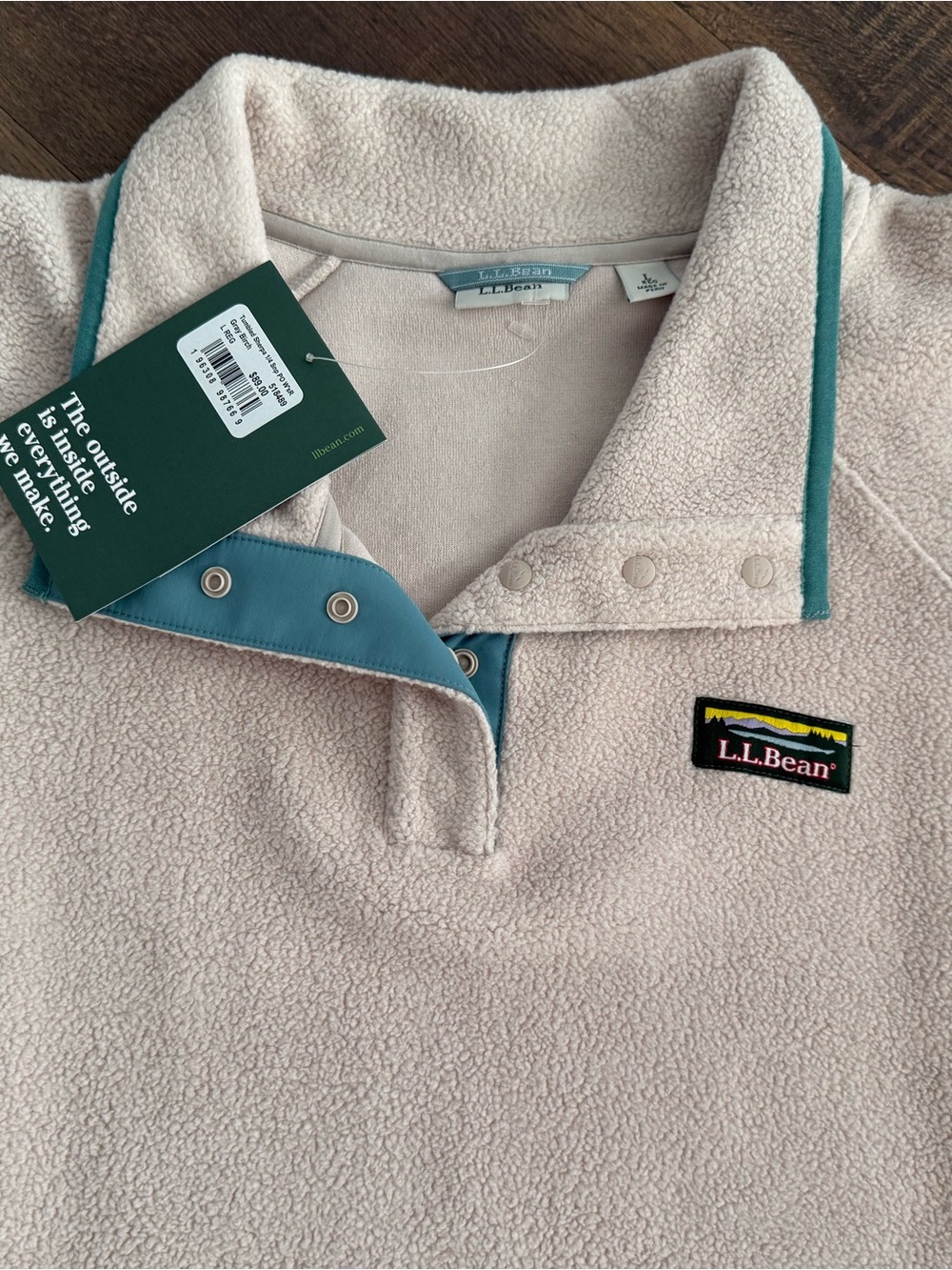 L.L.Bean Cream Sherpa Snap Pullover with Teal Trim - Picture 4 of 5